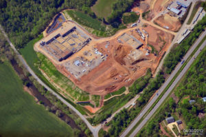 An aieral view of grading work being done by an excavating company